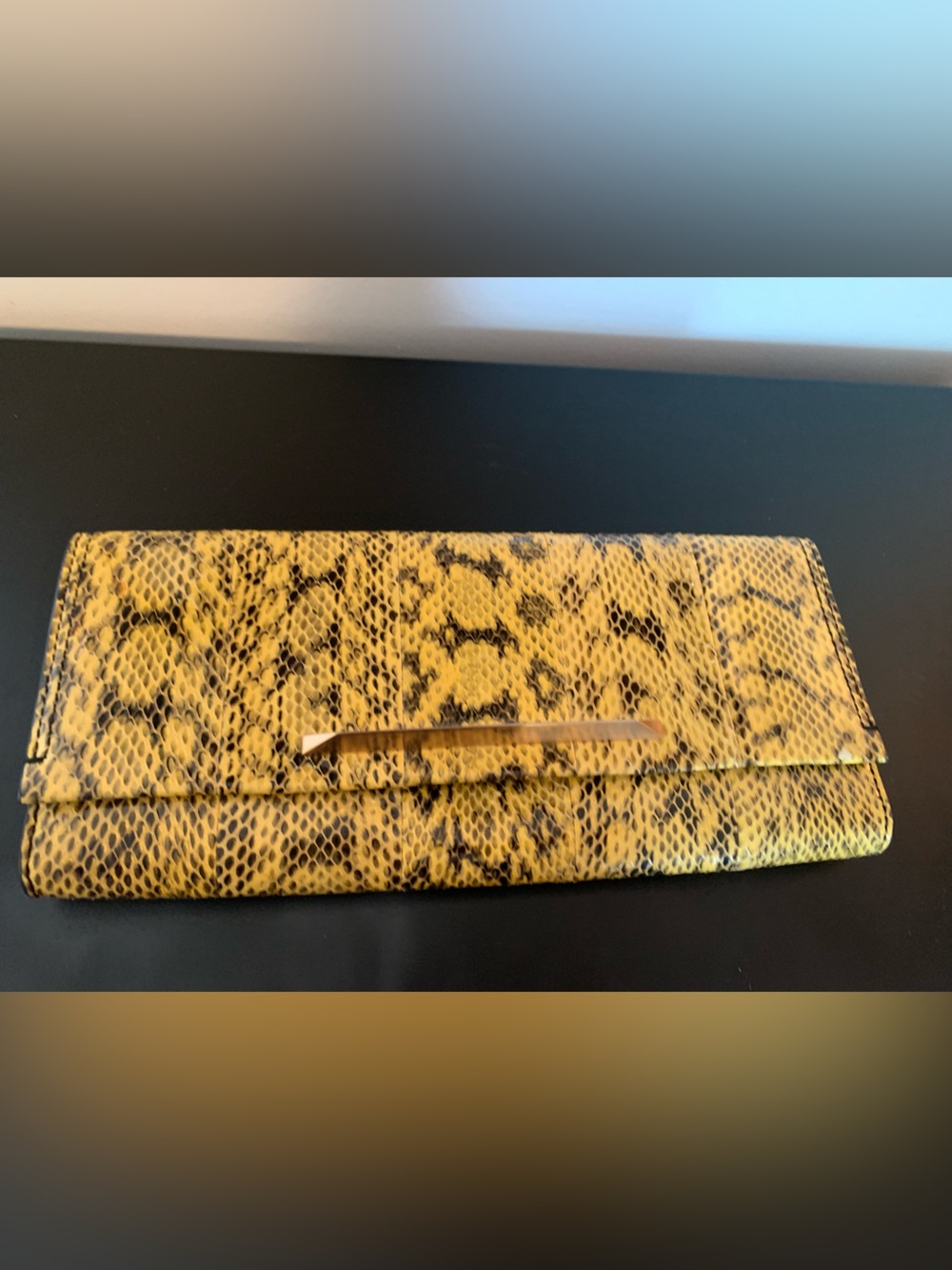 Brian Atwood Yellow Snake-Print Clutch with Gold Accent